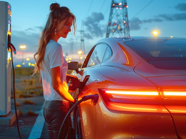 A woman is filling up her electric car at a charging station The scene is set at night with the woman standing in front of the car and the charging station