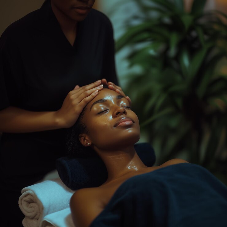 a woman is fixing her forehead with a black shirt