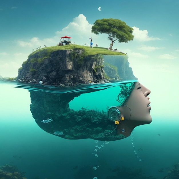 A woman is floating on a island with a tree on the bottom