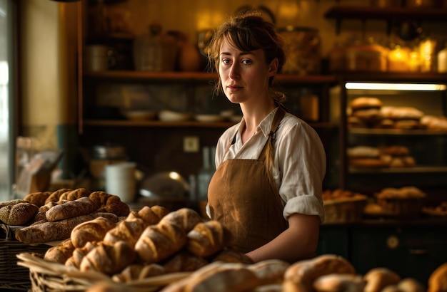 Photo a woman is in front of a counter full of breads