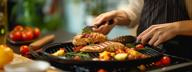 a woman is frying meat and vegetables on an electric grill