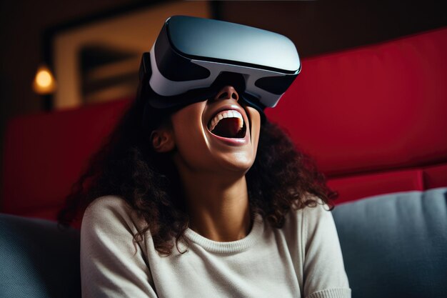 VR 안경을 쓴 여자는 감정이 가득하다