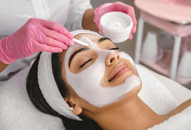 Photo a woman is getting her face painted with a white mask