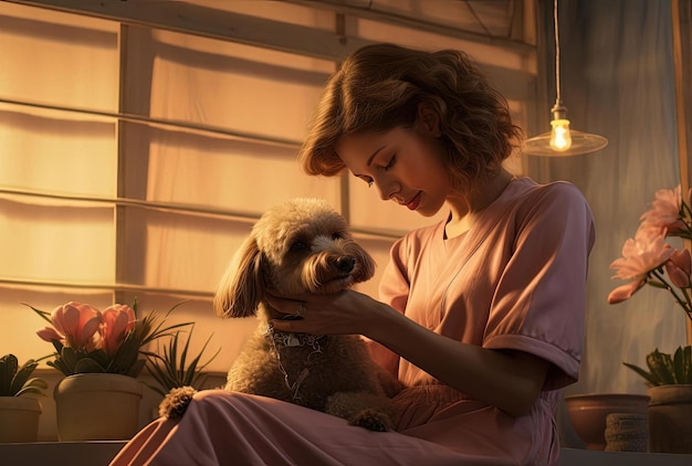 a woman is giving massage to a poodle in the style of serene and peaceful ambiance