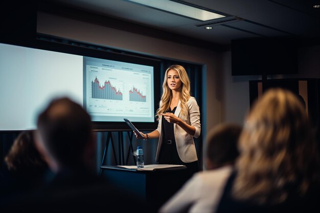 Photo a woman is giving a presentation in front of a group of people