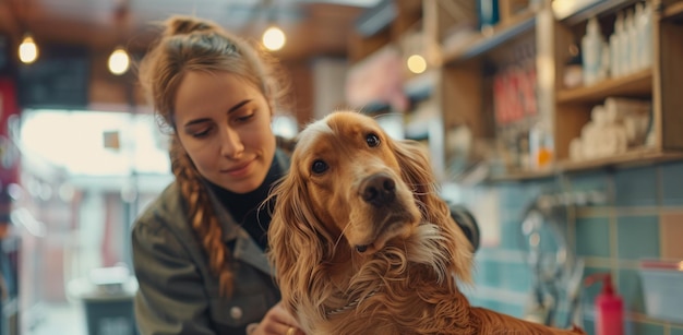 a woman is grooming her dog at a salon