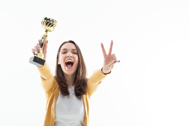 Woman is happy to win the cup Emotional portrait