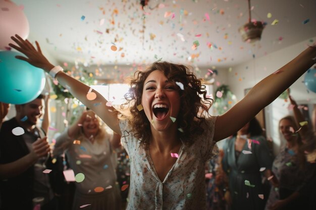 A woman is happy with her arms up in the air covered with confetti.