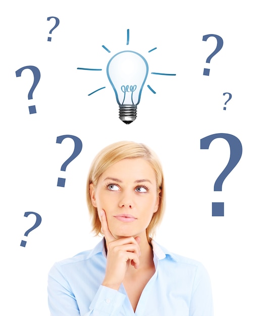 Woman is having question to idea over white background