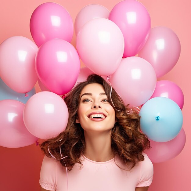 Woman is hides her head an air colorful balloons having fun over pink background