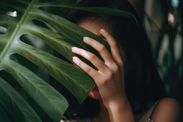 A woman is hiding behind a leaf that is green.