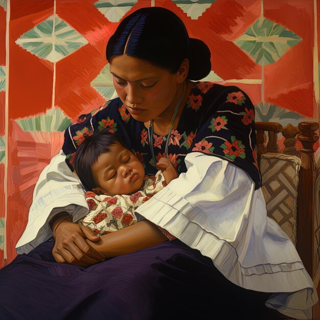 Photo a woman is holding a baby and a painting of a woman