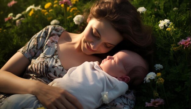 Foto una donna sta tenendo un bambino e sorridendo con un bambino sul suo petto