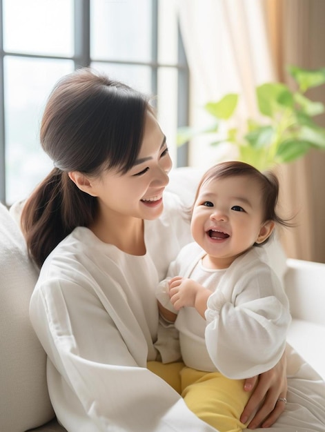 Photo a woman is holding a baby and smiling