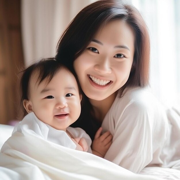 Photo a woman is holding a baby and smiling