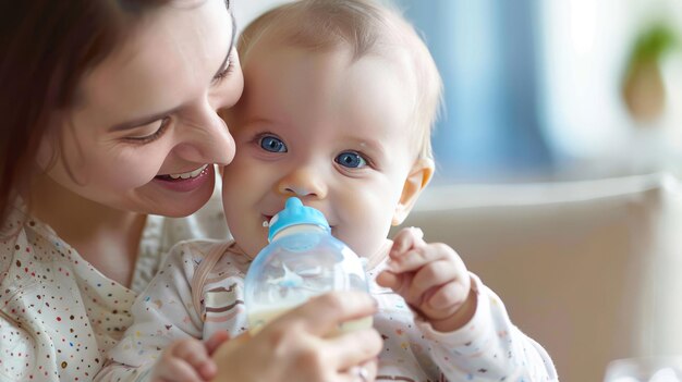 Foto una donna tiene in braccio un bambino e sorride