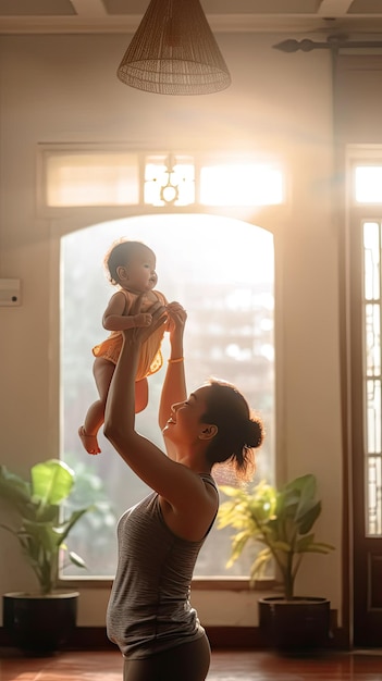 A woman is holding a baby up in the air.