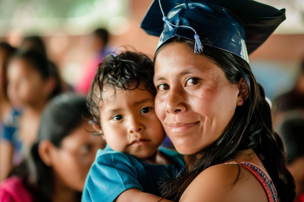 A woman is holding a baby and wearing a graduation cap