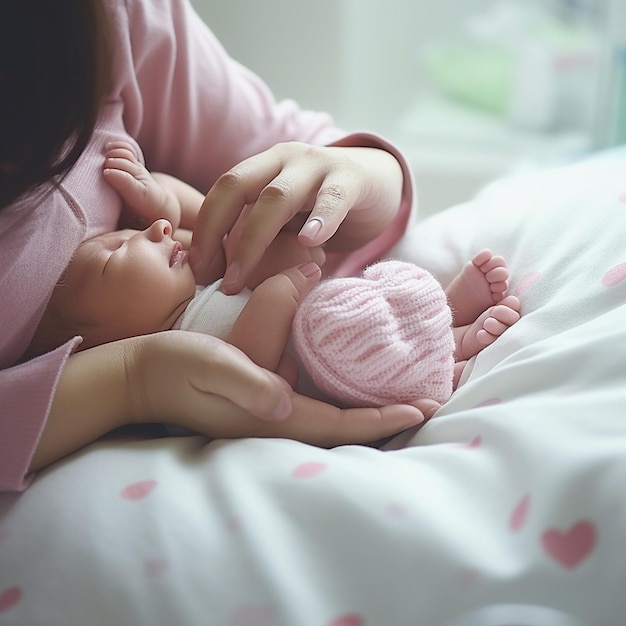 女性が赤ちゃんを抱いており、ベッドの上には「赤ちゃん」という文字が書かれています。