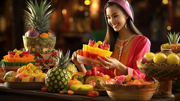 Foto una donna tiene in mano un cesto di frutta con la scritta 