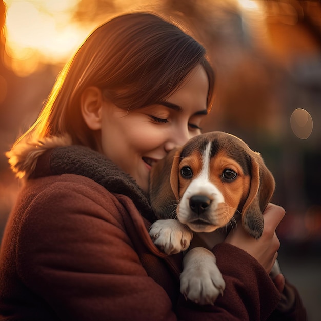 女性がビーグルの子犬を抱いており、顔にはビーグルという文字が刻まれています。