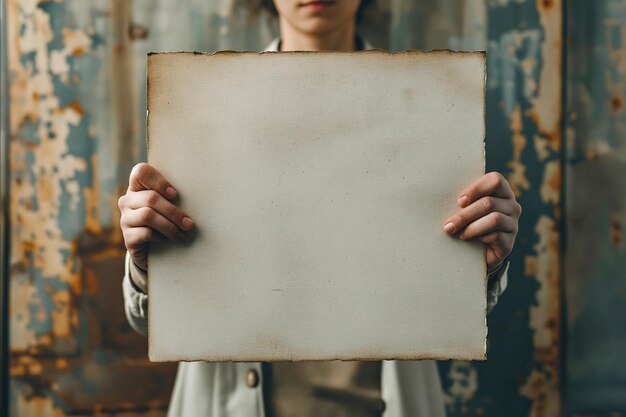 A woman is holding a blank piece of paper