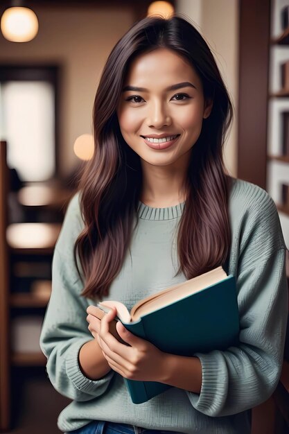 a woman is holding a book with a smile