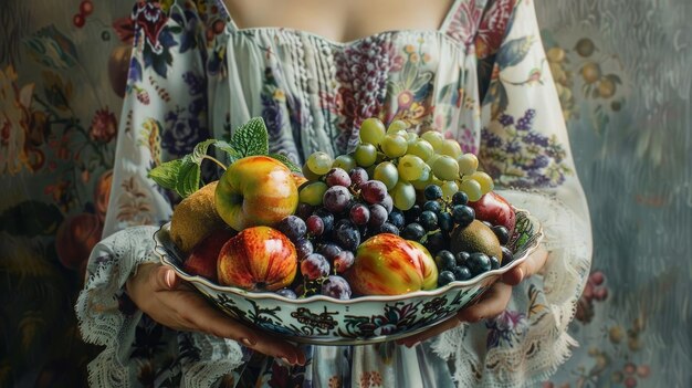 Photo a woman is holding a bowl filled with fruit