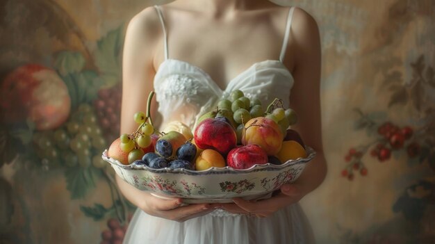 A woman is holding a bowl filled with fruit