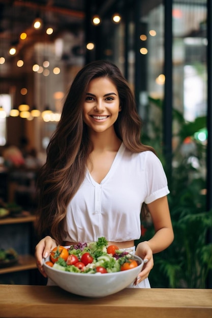 a woman is holding a bowl of salad