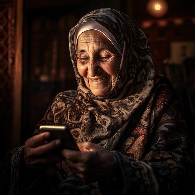 a woman is holding a box and looking at a cell phone