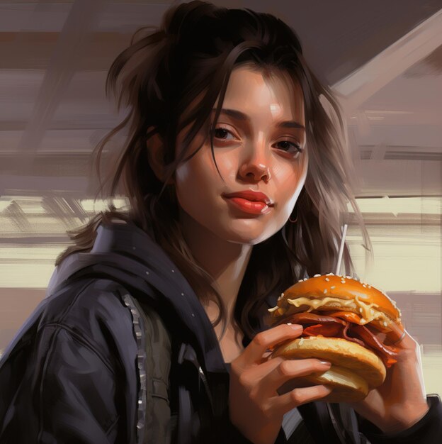 a woman is holding a burger and a hamburger with the word ketchup on it.