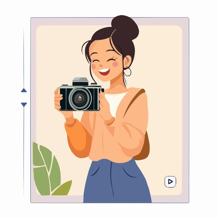 a woman is holding a camera illustration