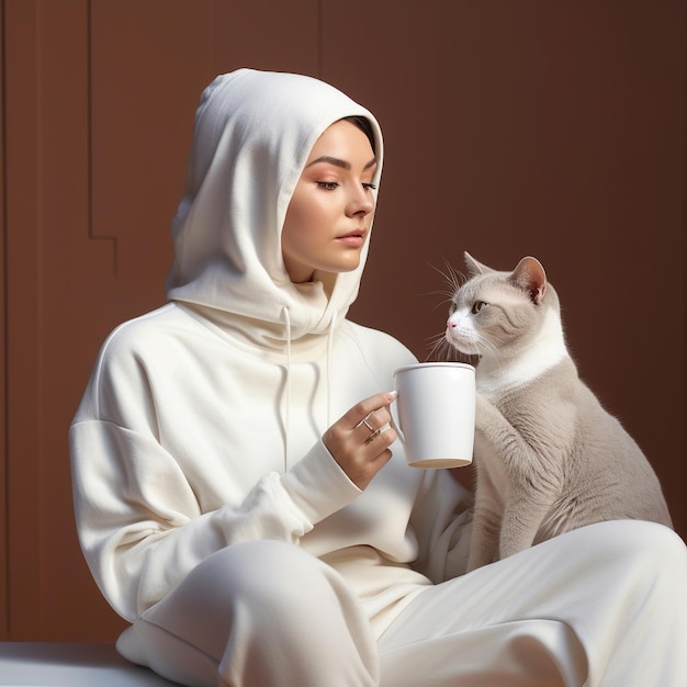 a woman is holding a cat and a cup of coffee