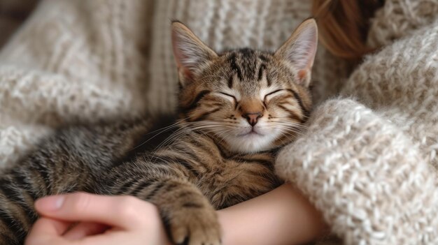 A woman is holding a cat in her arms