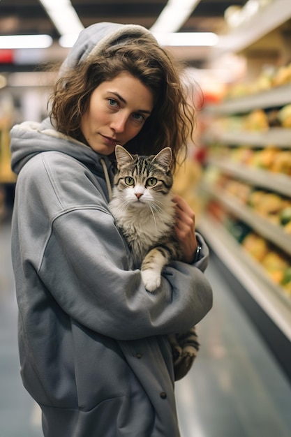 A woman is holding a cat in a pet food store Buying food for cat