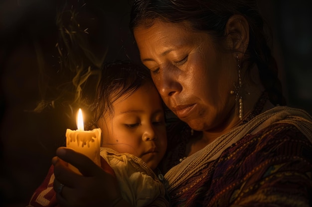 A woman is holding a child and a candle