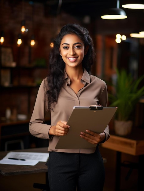 A woman is holding a clipboard and a pen in her hand.