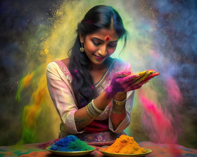 a woman is holding a colors of powder