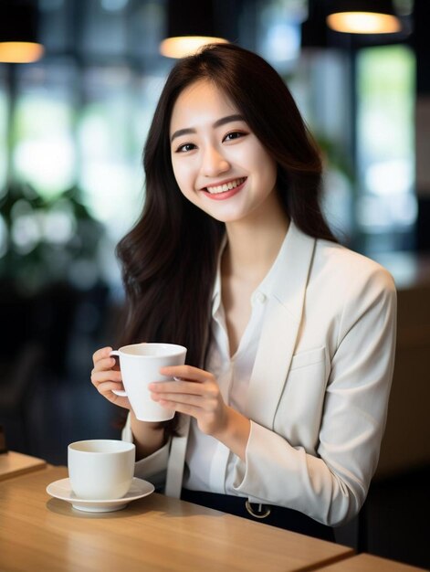 a woman is holding a cup and a cup of coffee