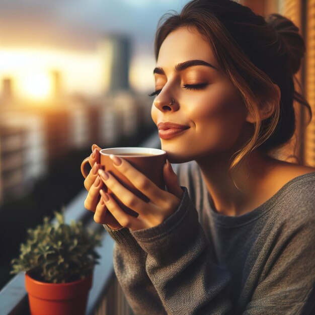 a woman is holding a cup of tea and a cup of tea