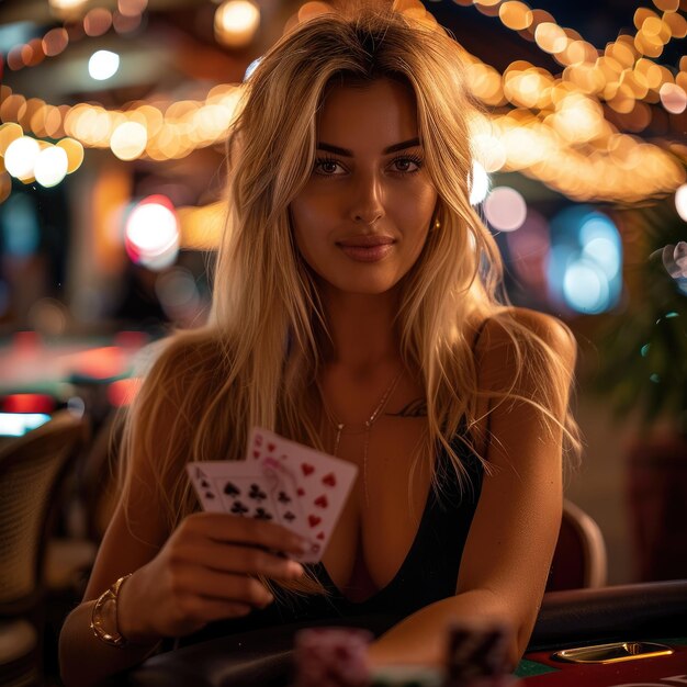 Photo a woman is holding a deck of cards and smiling