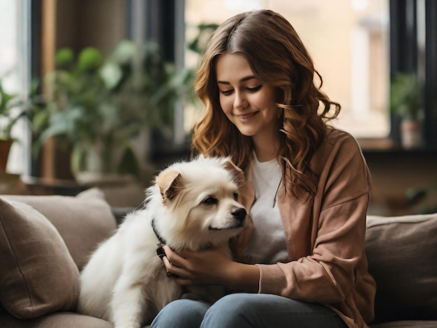 a woman is holding a dog and a dog