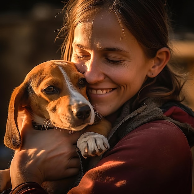 A woman is holding a dog and smiling.