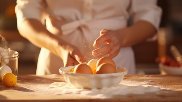 A woman is holding eggs in a bowl ai