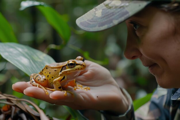 Photo a woman is holding a frog in her hand