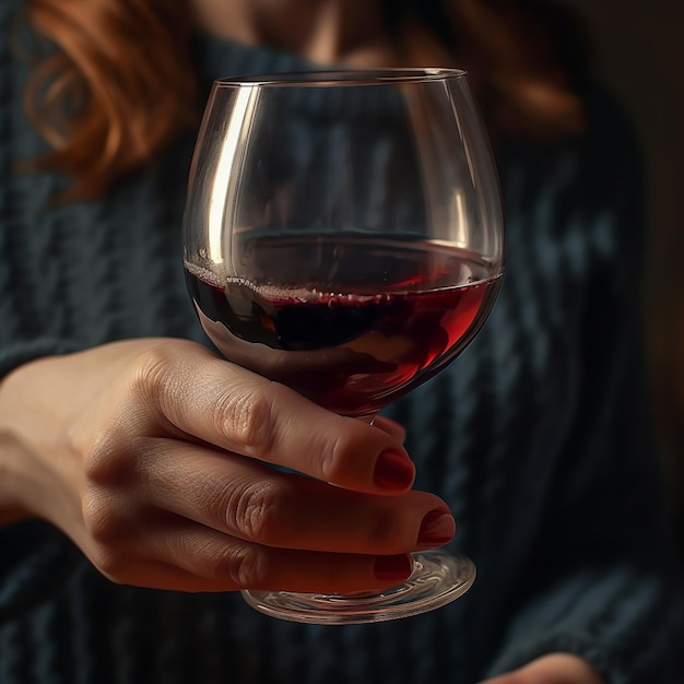 A woman is holding a glass of wine and the glass is half full.