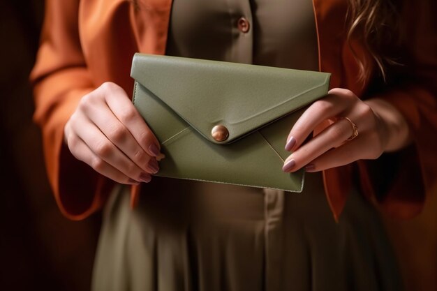 The woman is holding a green envelope with a wooden button christmas card letter