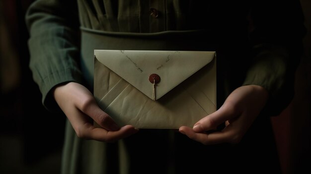 その女性は木製のボタンで緑色の封筒を握ってクリスマスカードの手紙を書いています
