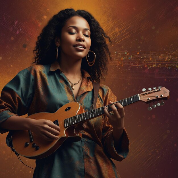 a woman is holding a guitar and wearing earrings